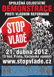 Stop vládě! Plakát odborů k demonstraci 21.4.